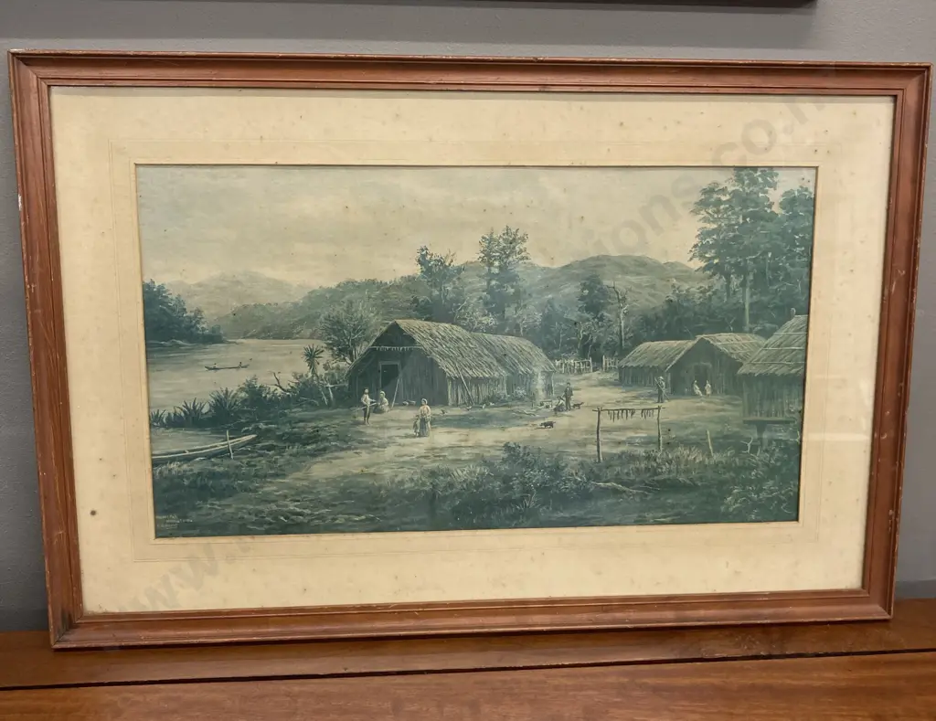 'Maori Pah, Waikato River' by W.G. Baker Framed Glazed Print In Vintage Condition. 41 x 62cm Image 1++